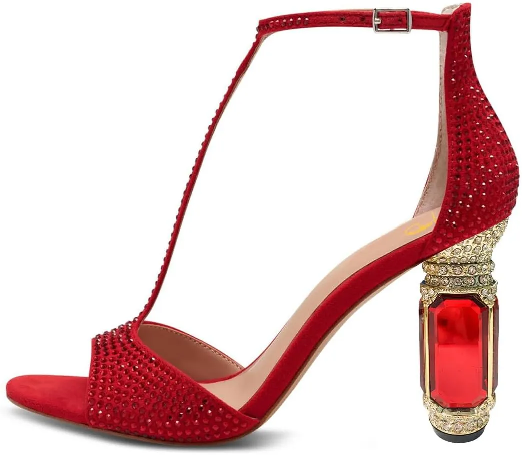 XYD Women Elegant T-Bar Sandals Open Toe Dazzling Crystal Studs Ankle Strap Block High Heels Evening Shoes