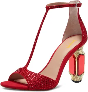 XYD Women Elegant T-Bar Sandals Open Toe Dazzling Crystal Studs Ankle Strap Block High Heels Evening Shoes