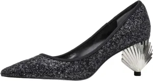 XYD Women Sparkly Glitter Closed Pointed Toe Slip On Pumps Mid Scallop Shape Heel Elegant Party Ballroom Cocktail Dressy Shoes