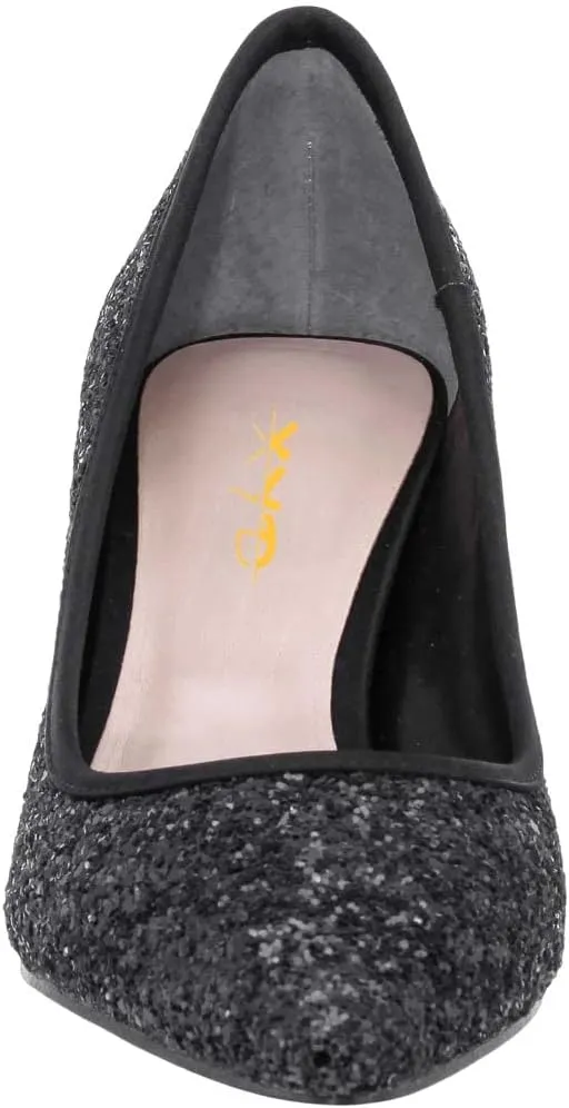 XYD Women Sparkly Glitter Closed Pointed Toe Slip On Pumps Mid Scallop Shape Heel Elegant Party Ballroom Cocktail Dressy Shoes
