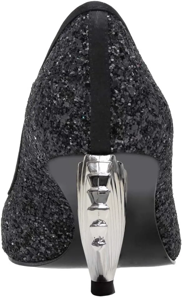 XYD Women Sparkly Glitter Closed Pointed Toe Slip On Pumps Mid Scallop Shape Heel Elegant Party Ballroom Cocktail Dressy Shoes