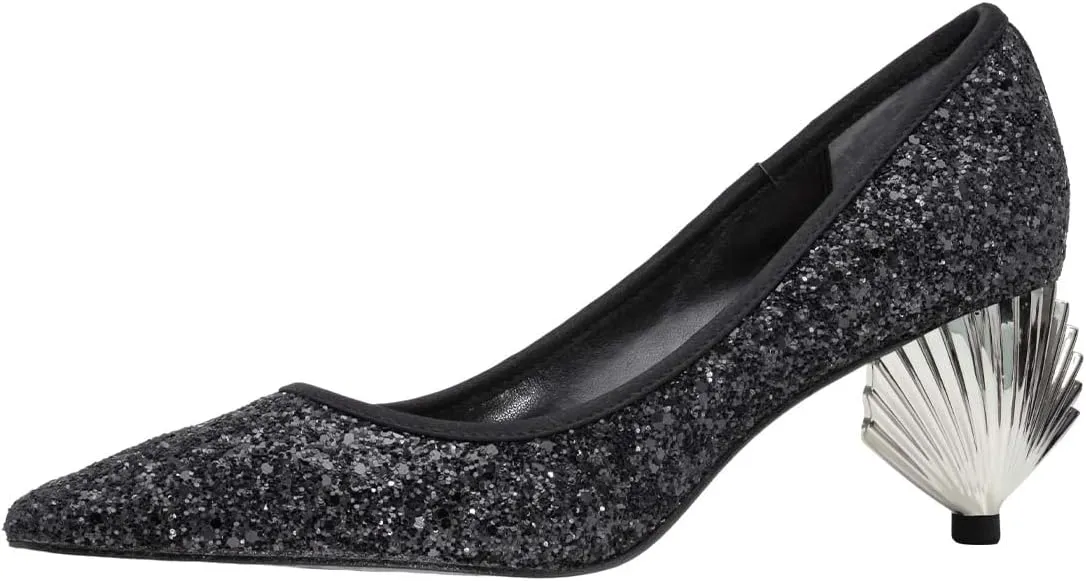XYD Women Sparkly Glitter Closed Pointed Toe Slip On Pumps Mid Scallop Shape Heel Elegant Party Ballroom Cocktail Dressy Shoes