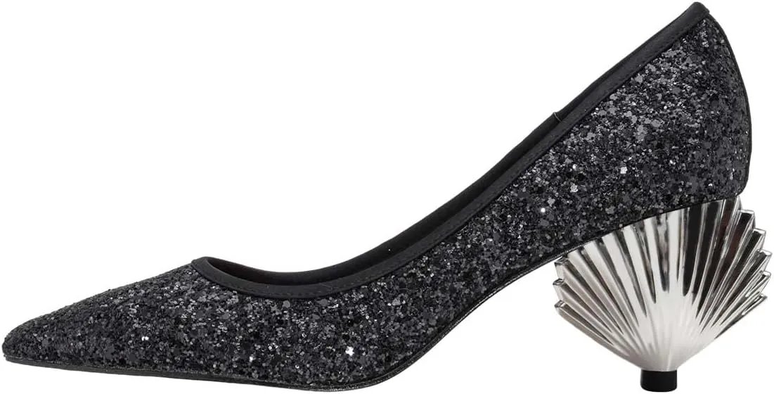 XYD Women Sparkly Glitter Closed Pointed Toe Slip On Pumps Mid Scallop Shape Heel Elegant Party Ballroom Cocktail Dressy Shoes