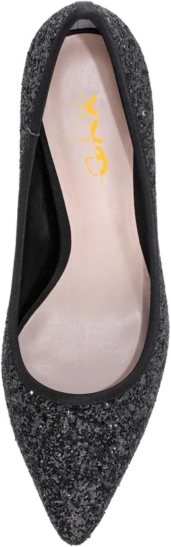 XYD Women Sparkly Glitter Closed Pointed Toe Slip On Pumps Mid Scallop Shape Heel Elegant Party Ballroom Cocktail Dressy Shoes
