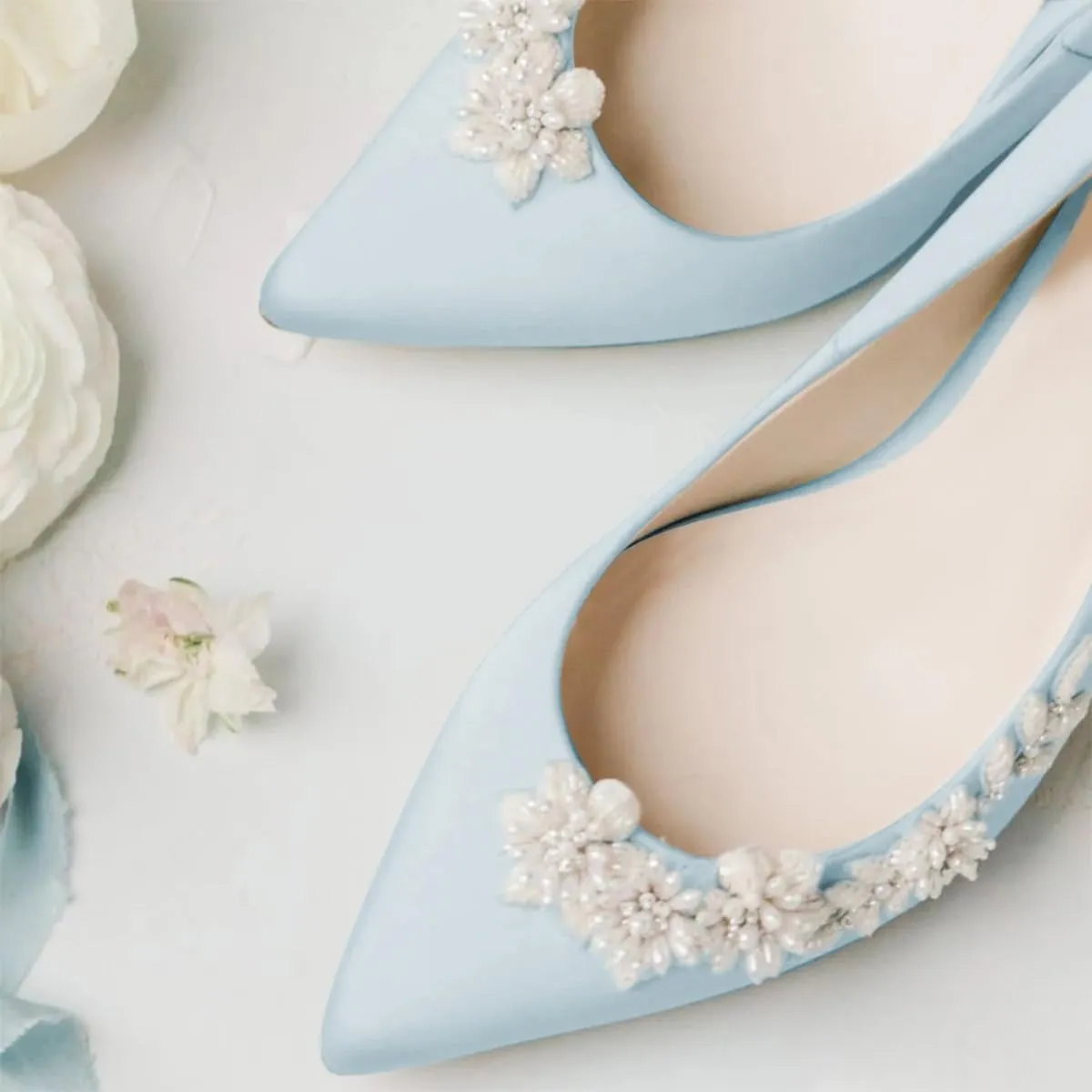 XYD Women Wedding Flats Floral Pearl Embellishment Elegant Pointed Toe Slip-ons Satin Bridal Prom Shoes