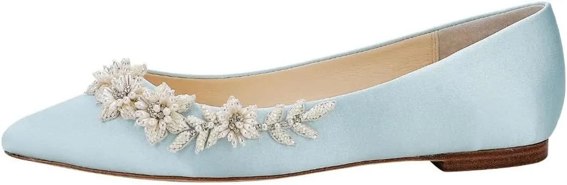 XYD Women Wedding Flats Floral Pearl Embellishment Elegant Pointed Toe Slip-ons Satin Bridal Prom Shoes