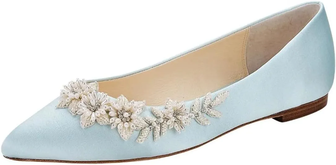 XYD Women Wedding Flats Floral Pearl Embellishment Elegant Pointed Toe Slip-ons Satin Bridal Prom Shoes