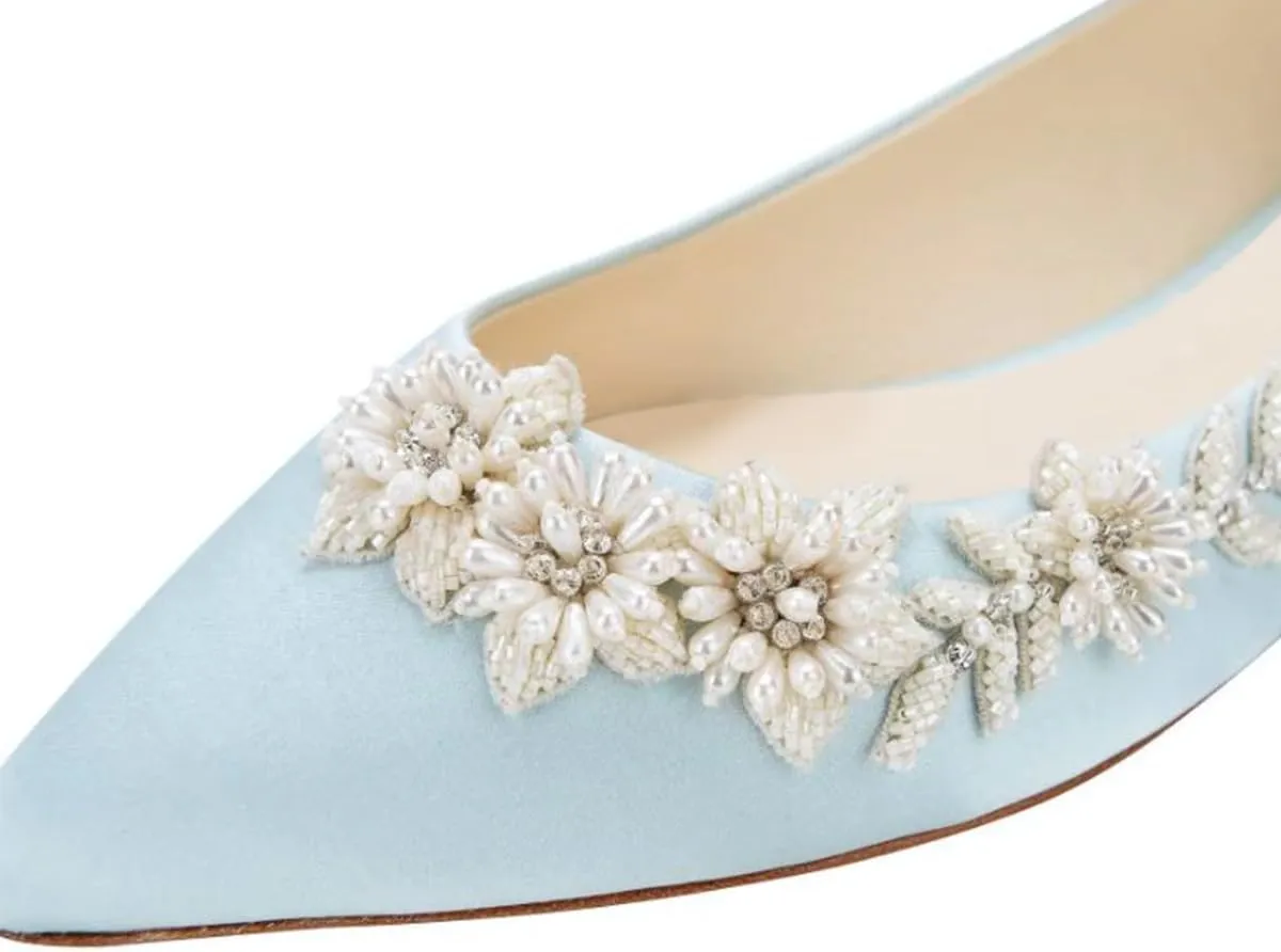 XYD Women Wedding Flats Floral Pearl Embellishment Elegant Pointed Toe Slip-ons Satin Bridal Prom Shoes