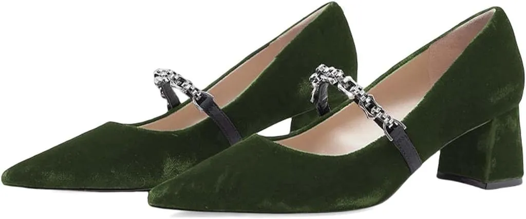 XYD Women's Elegant Velvet Pointed Toe Mary Jane Pumps Chunky Mid Heel Slip On Chain Strap Party Prom Shoes