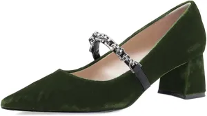 XYD Women's Elegant Velvet Pointed Toe Mary Jane Pumps Chunky Mid Heel Slip On Chain Strap Party Prom Shoes
