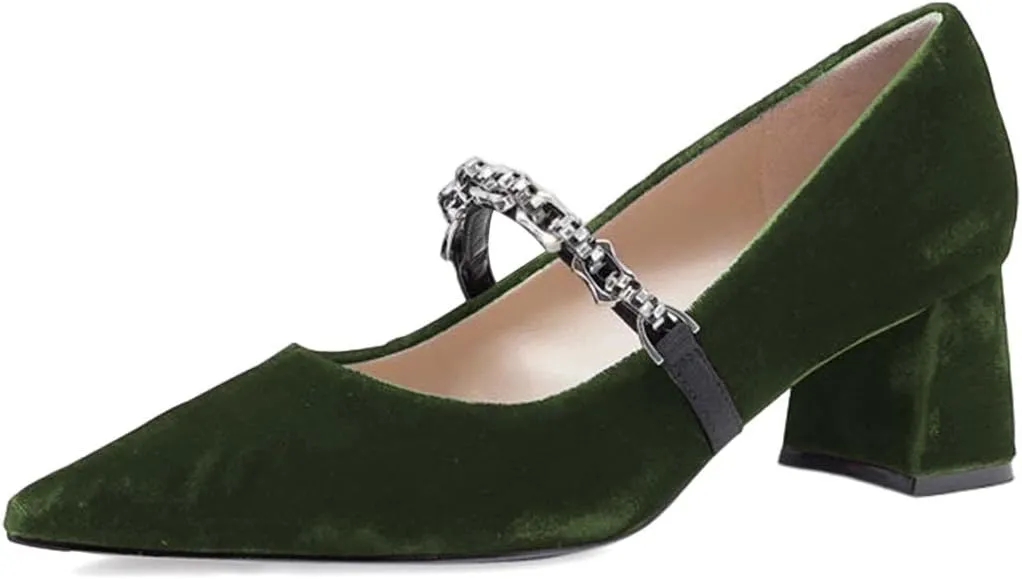 XYD Women's Elegant Velvet Pointed Toe Mary Jane Pumps Chunky Mid Heel Slip On Chain Strap Party Prom Shoes