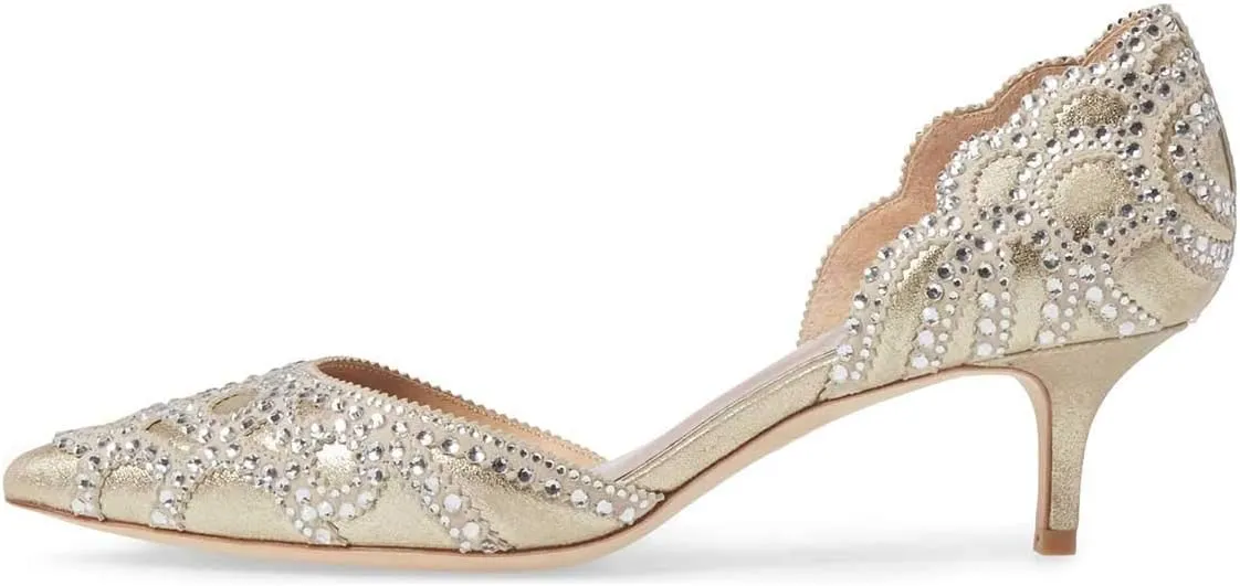 XYD Women's Pumps, Elegant Pointed Toe, D'Orsay Kitten Low Heels, Rhinestone Studs, Slip-On Satin Shoes for Wedding