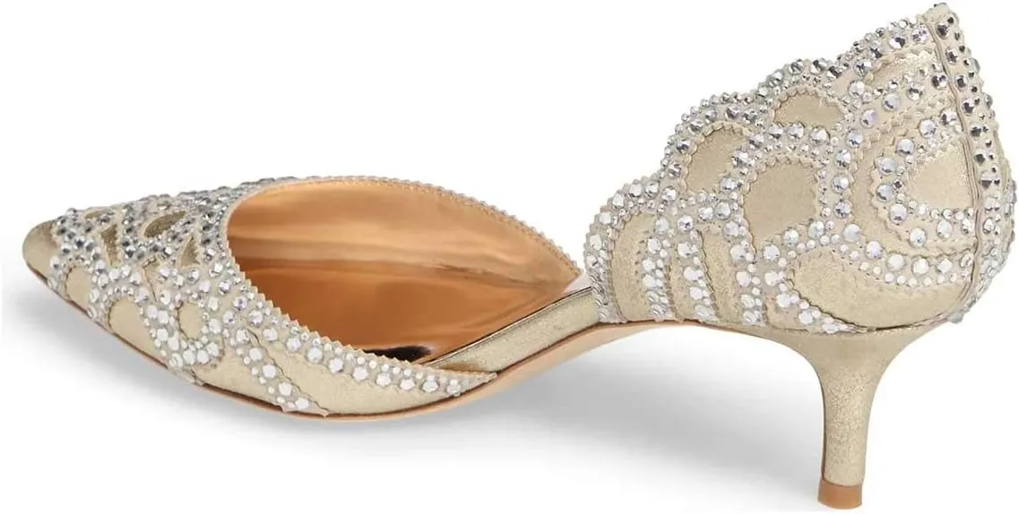 XYD Women's Pumps, Elegant Pointed Toe, D'Orsay Kitten Low Heels, Rhinestone Studs, Slip-On Satin Shoes for Wedding