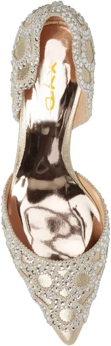 XYD Women's Pumps, Elegant Pointed Toe, D'Orsay Kitten Low Heels, Rhinestone Studs, Slip-On Satin Shoes for Wedding