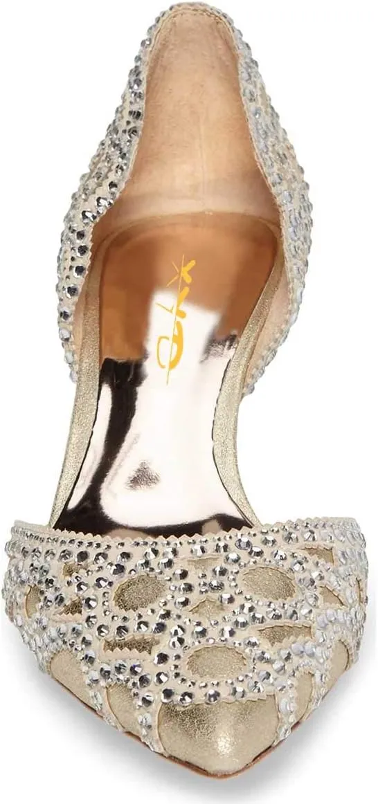 XYD Women's Pumps, Elegant Pointed Toe, D'Orsay Kitten Low Heels, Rhinestone Studs, Slip-On Satin Shoes for Wedding