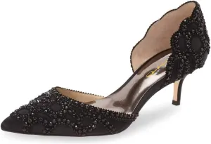 XYD Women's Pumps, Elegant Pointed Toe, D'Orsay Kitten Low Heels, Rhinestone Studs, Slip-On Satin Shoes for Wedding