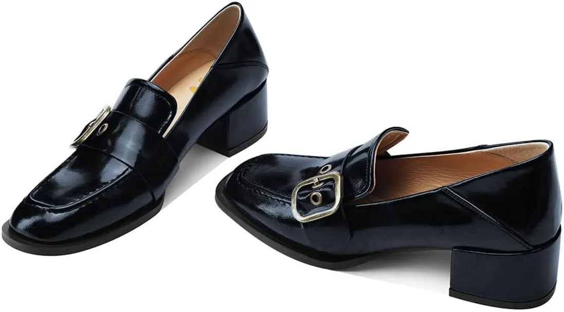 YDN Women Square Toe Heeled Loafers Slip on Block Low Heel Pumps Buckle Fashion Formal Wear Shoes Size 4-15 US