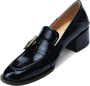 YDN Women Square Toe Heeled Loafers Slip on Block Low Heel Pumps Buckle Fashion Formal Wear Shoes Size 4-15 US