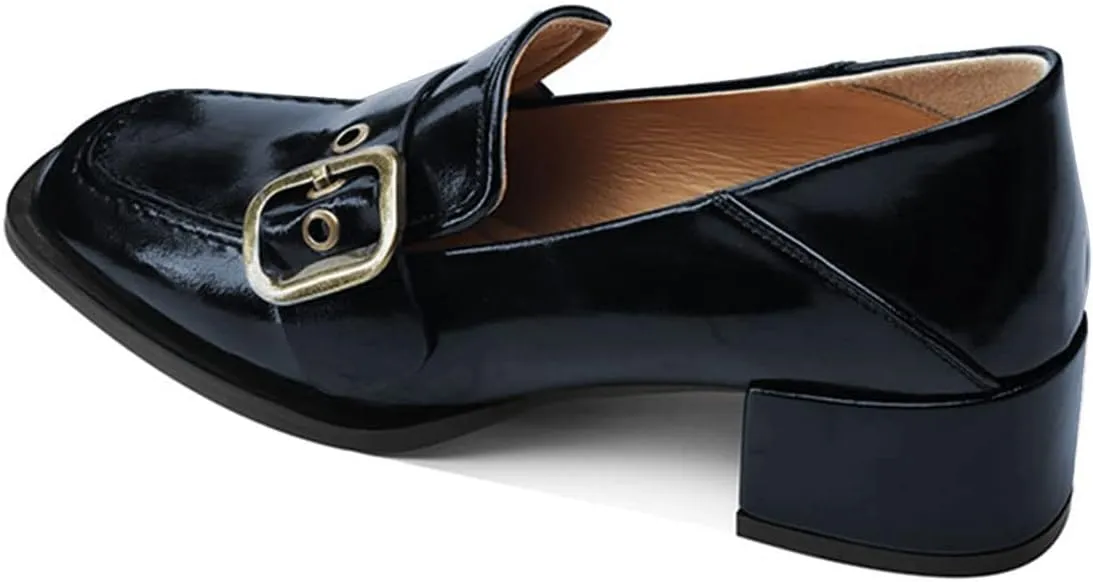 YDN Women Square Toe Heeled Loafers Slip on Block Low Heel Pumps Buckle Fashion Formal Wear Shoes Size 4-15 US