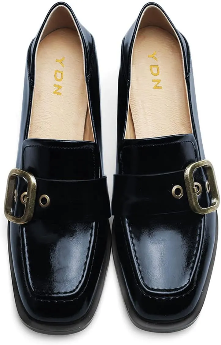 YDN Women Square Toe Heeled Loafers Slip on Block Low Heel Pumps Buckle Fashion Formal Wear Shoes Size 4-15 US
