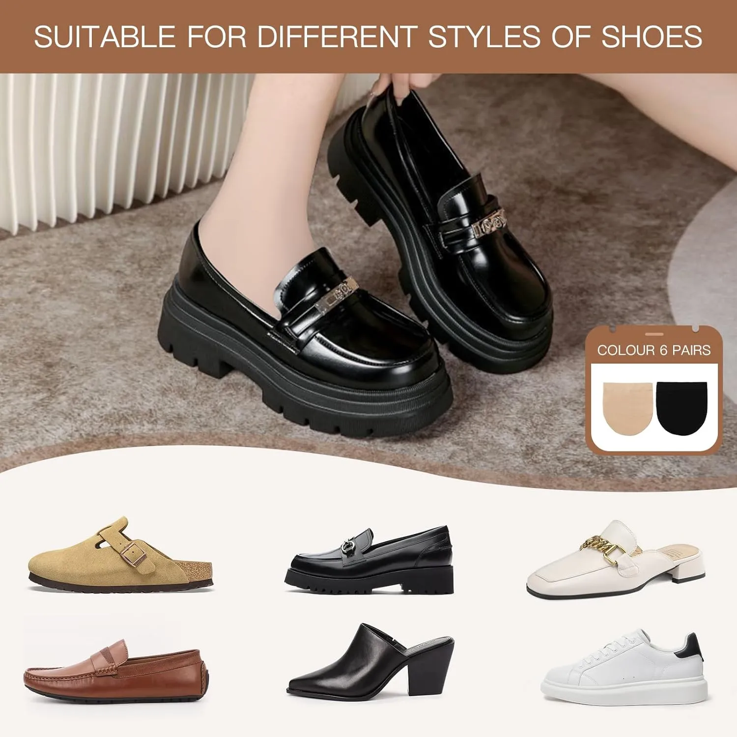 Yilanmy Toe Topper Socks for Women 6 Pairs, No Show Liner Half Socks for Heels, Non-Skid Bottom Mule Sock