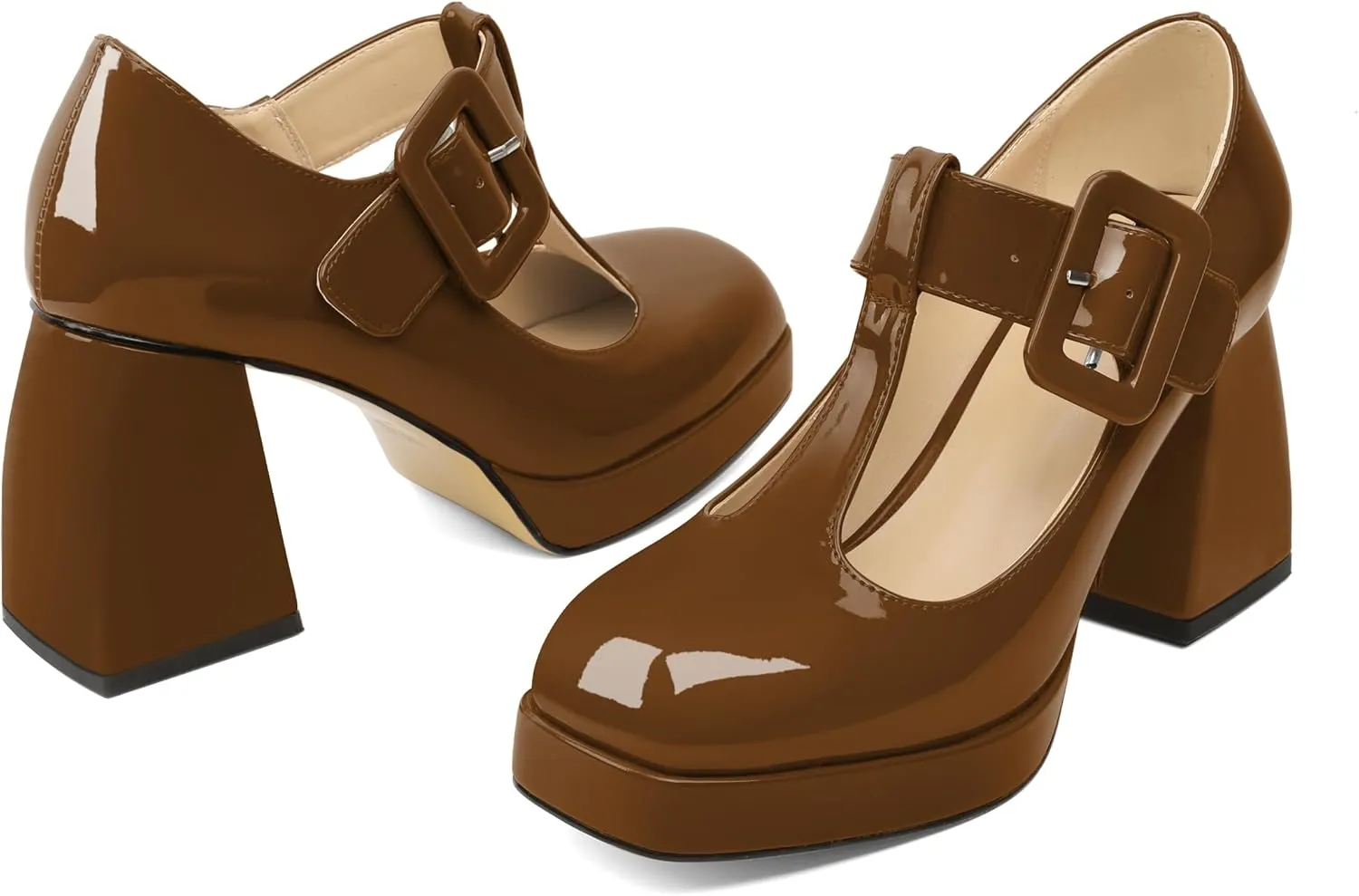 YODEKS Women's High Heels Square Toe Mary Jane Pumps Chunky Heel Platform Dress Shoes