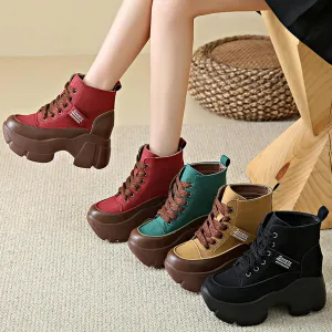 Zeberfi Women's Platform Heighten Leather Ankle Boots Retro British Style Velvet Lining Round-Toe Lace Up Casual Booties Fashion Lightweight Comfortable Mid Calf Thick Sole Combat Boot