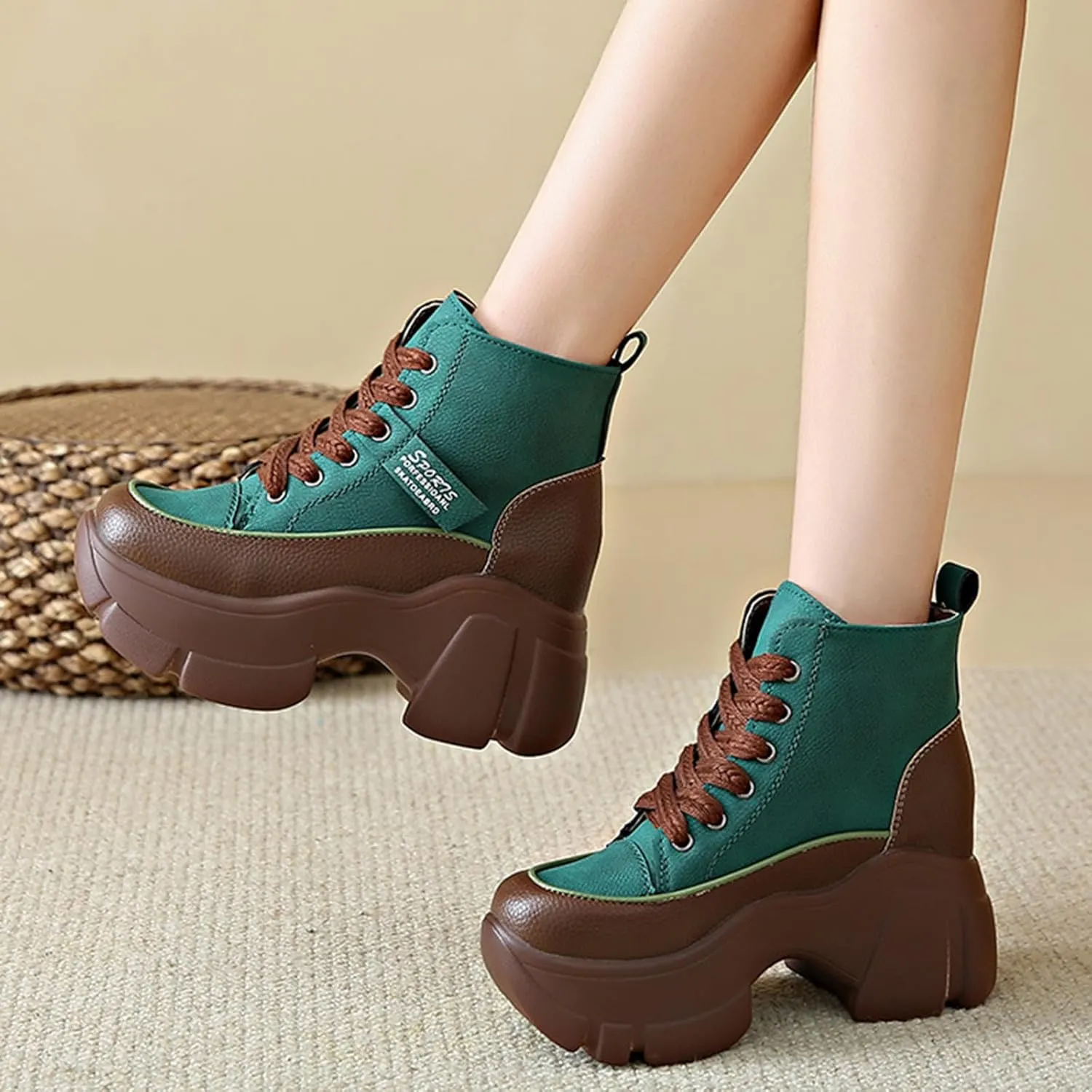 Zeberfi Women's Platform Heighten Leather Ankle Boots Retro British Style Velvet Lining Round-Toe Lace Up Casual Booties Fashion Lightweight Comfortable Mid Calf Thick Sole Combat Boot