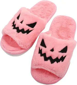 Zureto Halloween Pumpkin Slippers, Spooky Bat Slippers, Adults Fuzzy Slippers Soft Plush Cozy Open Toe Shoes