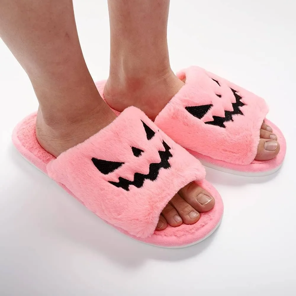 Zureto Halloween Pumpkin Slippers, Spooky Bat Slippers, Adults Fuzzy Slippers Soft Plush Cozy Open Toe Shoes