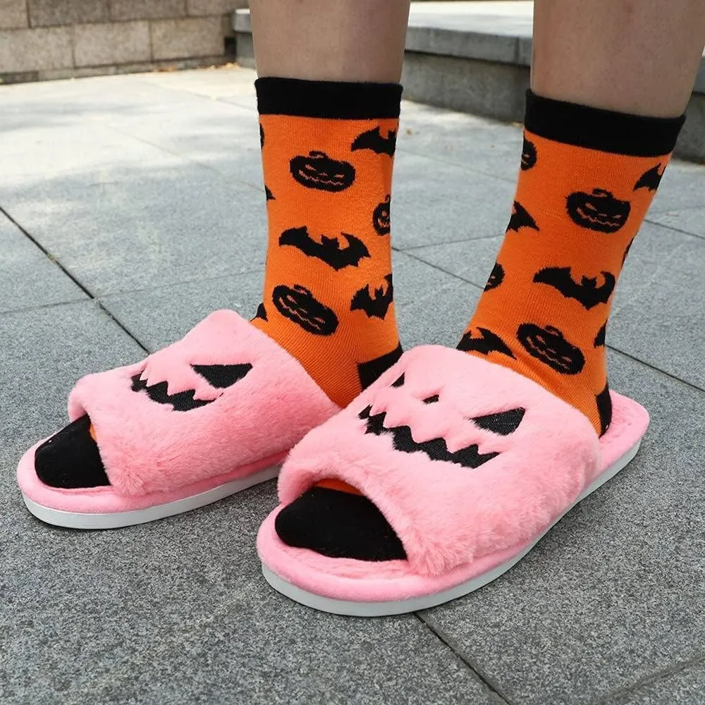 Zureto Halloween Pumpkin Slippers, Spooky Bat Slippers, Adults Fuzzy Slippers Soft Plush Cozy Open Toe Shoes