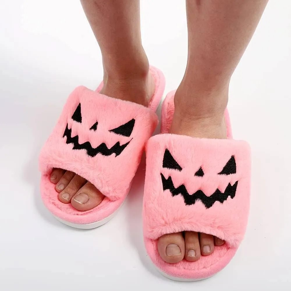 Zureto Halloween Pumpkin Slippers, Spooky Bat Slippers, Adults Fuzzy Slippers Soft Plush Cozy Open Toe Shoes